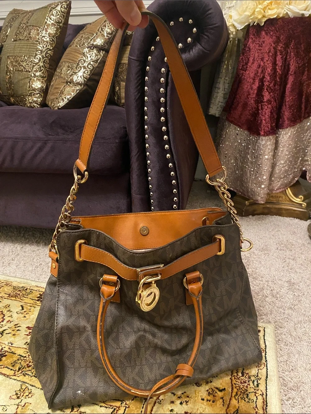 Michael Kors Brown and Tan Monogram Tote with Gold Hardware large Hamilton